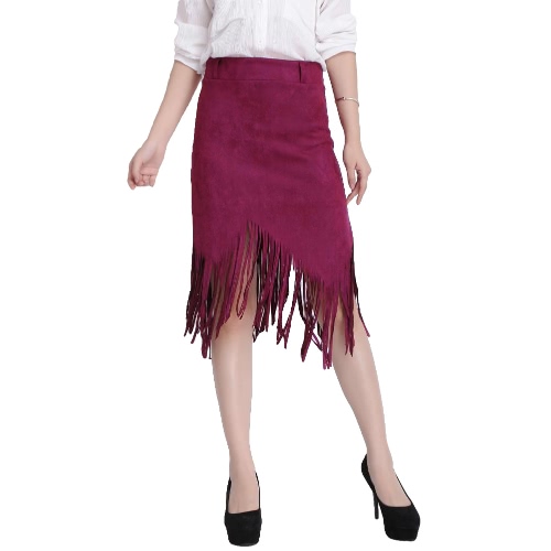 Europa moda mujer falda cintura alta asimétrica falda Slim Vestido de gamuza borla flecos