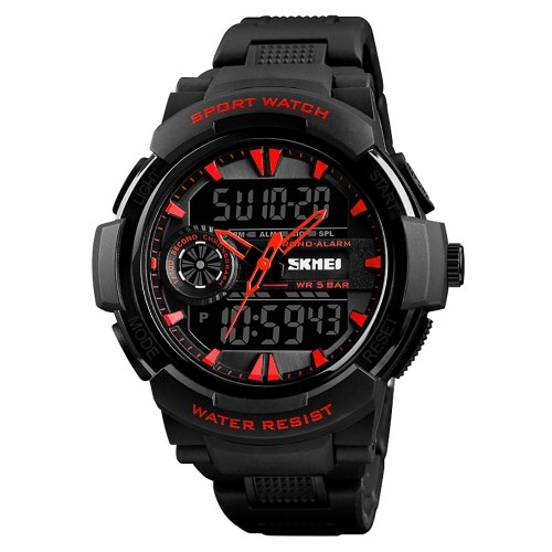 SKMEI 1320 Men Quartz Fashion Casual Sports Wristwatch Dual Time Analog Digital Display Watch 5ATM Water Resistant Leather Strap Backlight Multifunctional Watches