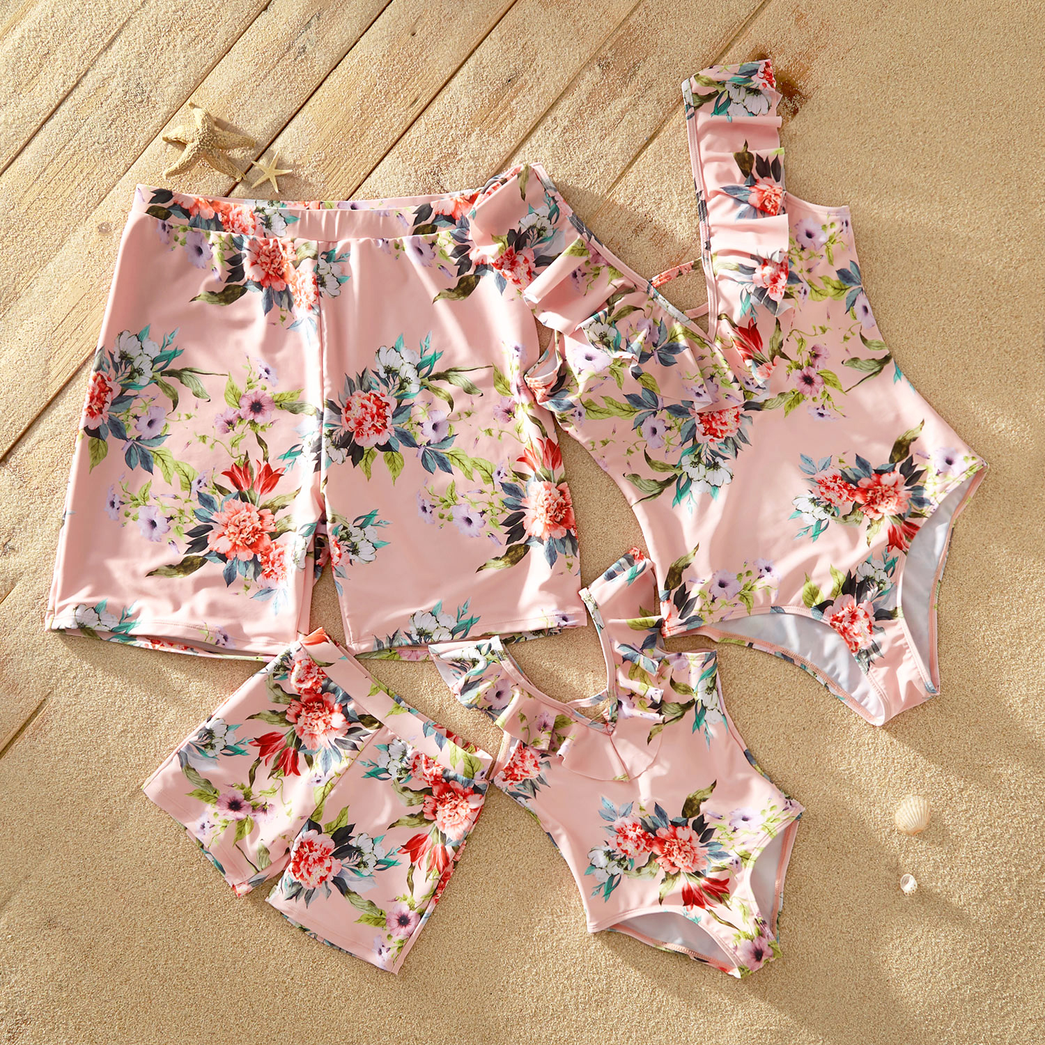 Ruffled Collar Floral Print Matching Swimsuits