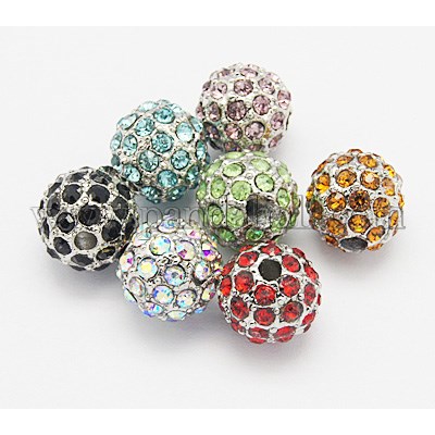 Metal Alloy Rhinestone Beads, Round, Mixed Color, Size: about 10mm in diameter, hole: 2mm.