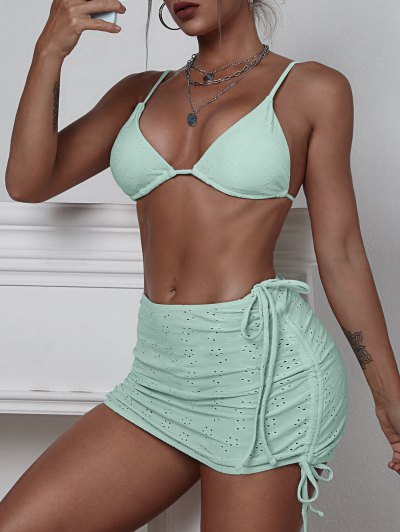 ZAFUL Eyelets Tie Side Cinched Ruched Three Piece Bikini Swimsuit