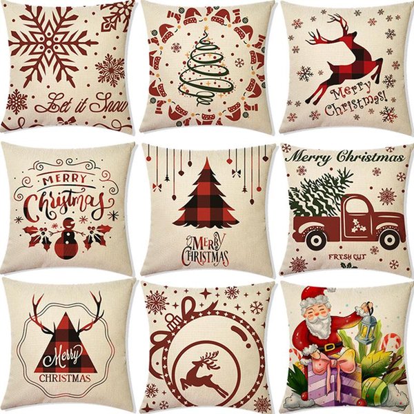 Cushion/Decorative Pillow 45X45CM Linen Christmas Pillows Case Elk Santa Trees Sofa Print Cushion Livingroom Couch Decorative Throw