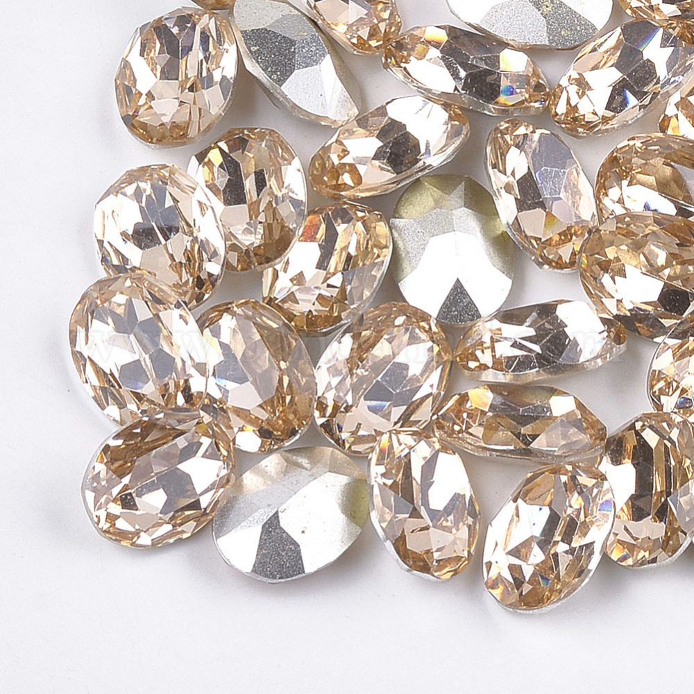Pointed Back Resin Rhinestone Cabochons, Back Plated, Faceted, Oval, Silk, 9.5~10x7.5~8x4.5mm; about 450pcs/bag