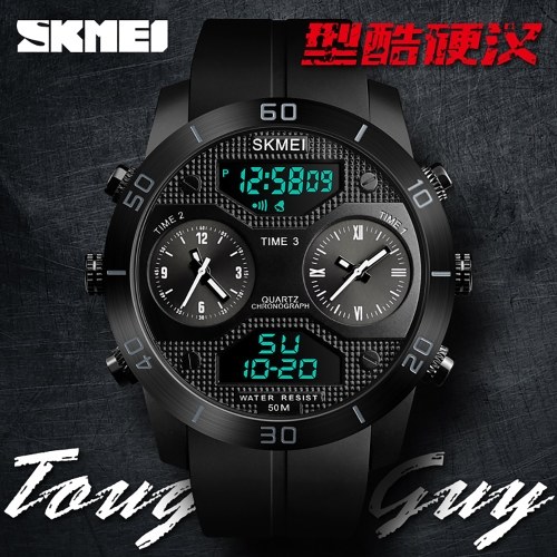 SKMEI 1355 Men Quartz 3 Time Chrono Watches Countdown Analog Digital Display Wristwatch 5ATM Waterproof Fashion Casual Backlight Multifunctional Watches