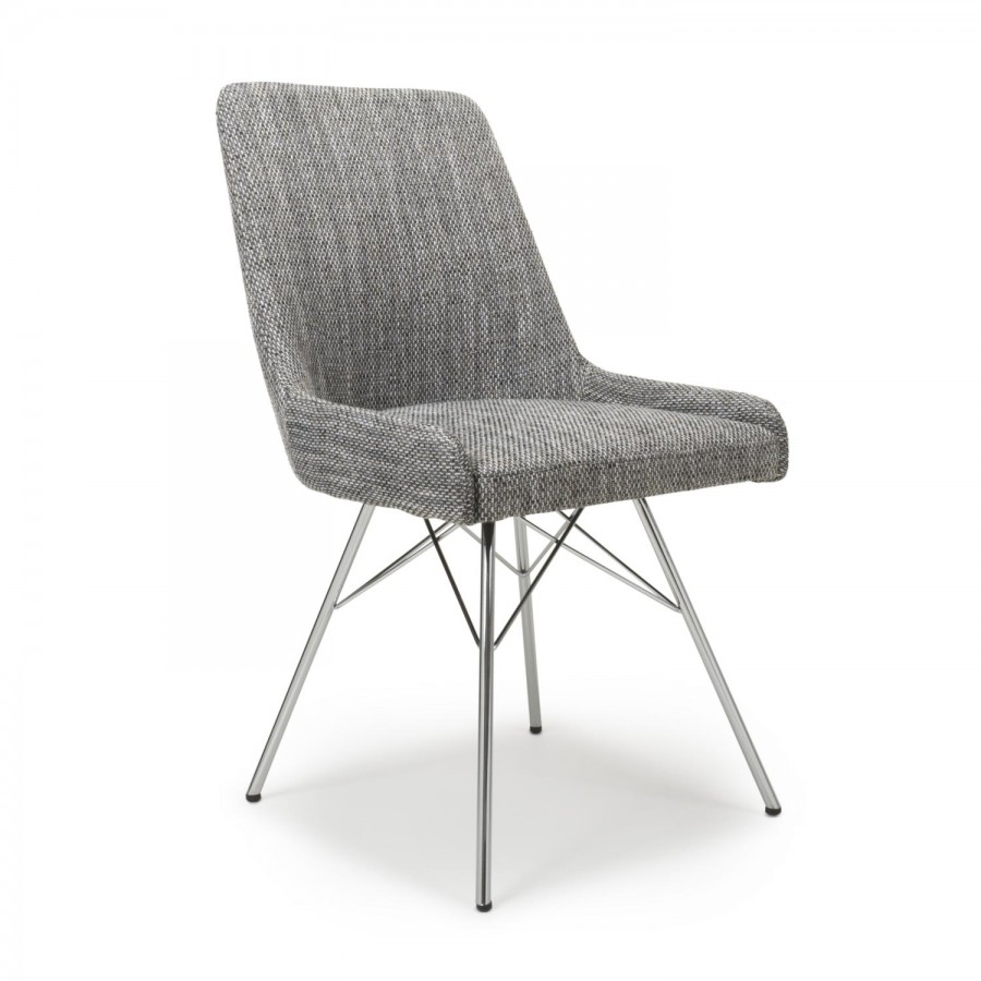 Capri Tweed Dining Chair Pair- Grey with Chrome Legs