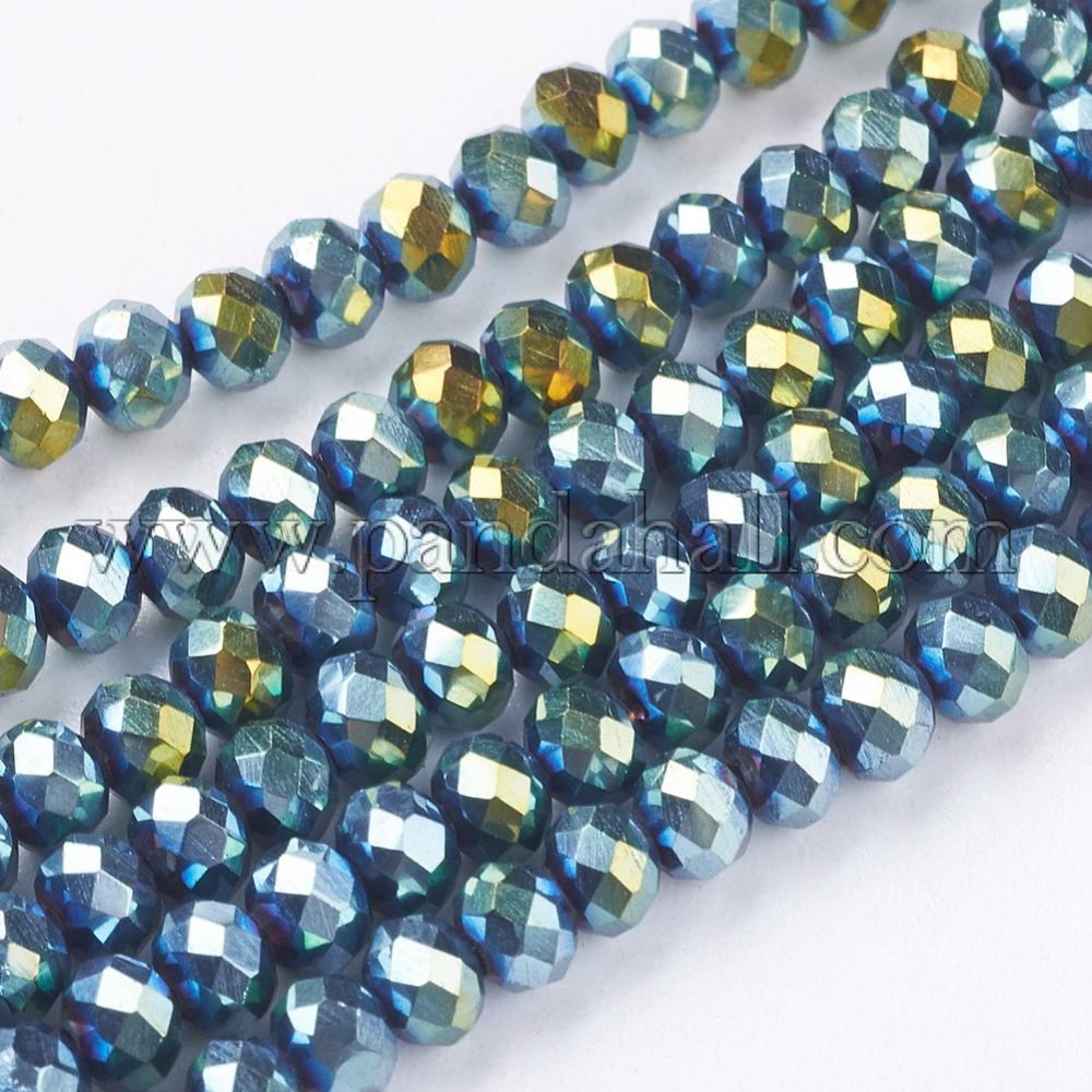 Electroplate Glass Beads Strands, Faceted, Rondelle, Blue Plated, 4x3mm, Hole: 1mm; about 140~145pcs/strand, 18.9