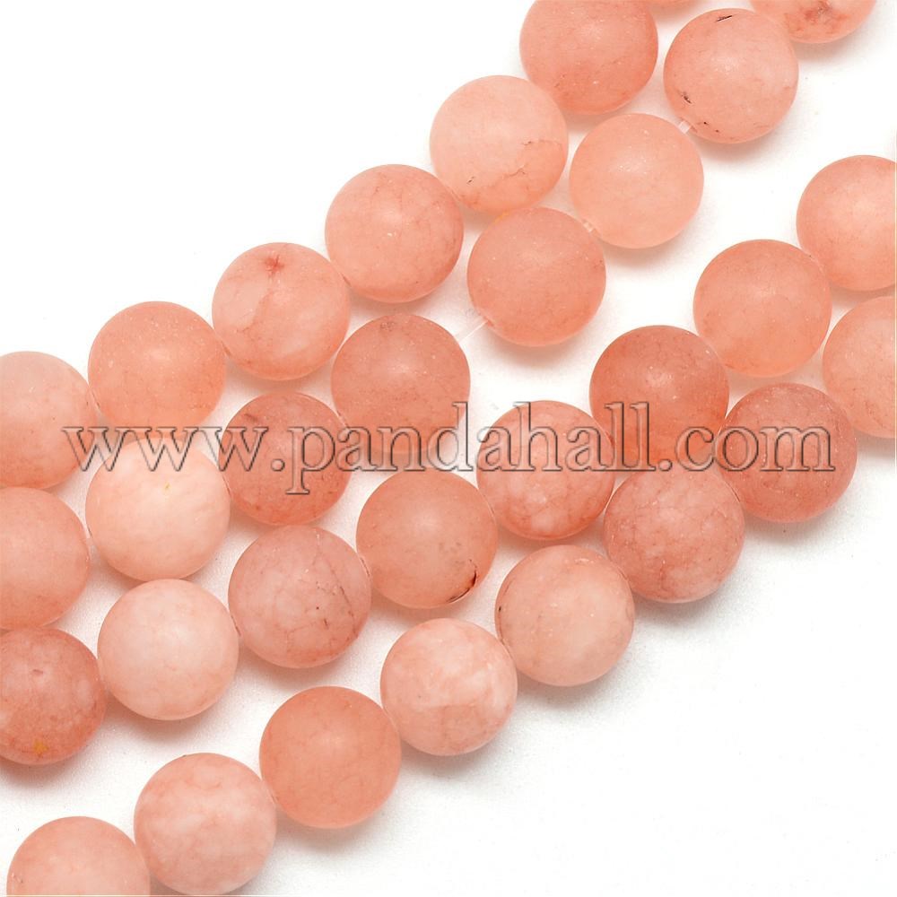 Natural White Jade Bead Strands, Dyed, Frosted, Round, DarkSalmon, 8~9mm, Hole: 1mm; about 46~48pcs/strand, 14.9
