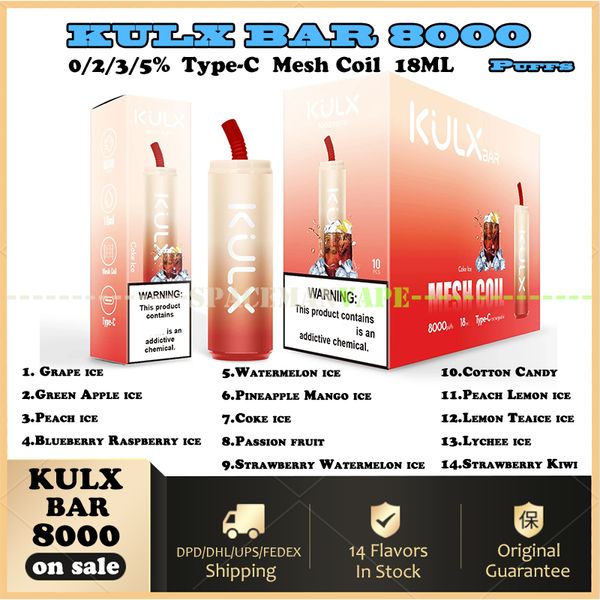 Original KULX BAR 8000 Puffs 0/2/3/5% Disposable Vape Pen E Cigarettes With 850mAh Rechargeable Battery 18ML Capacity Mesh Coil Coke jar Shapes Cup Vapes VS Crystal Bars