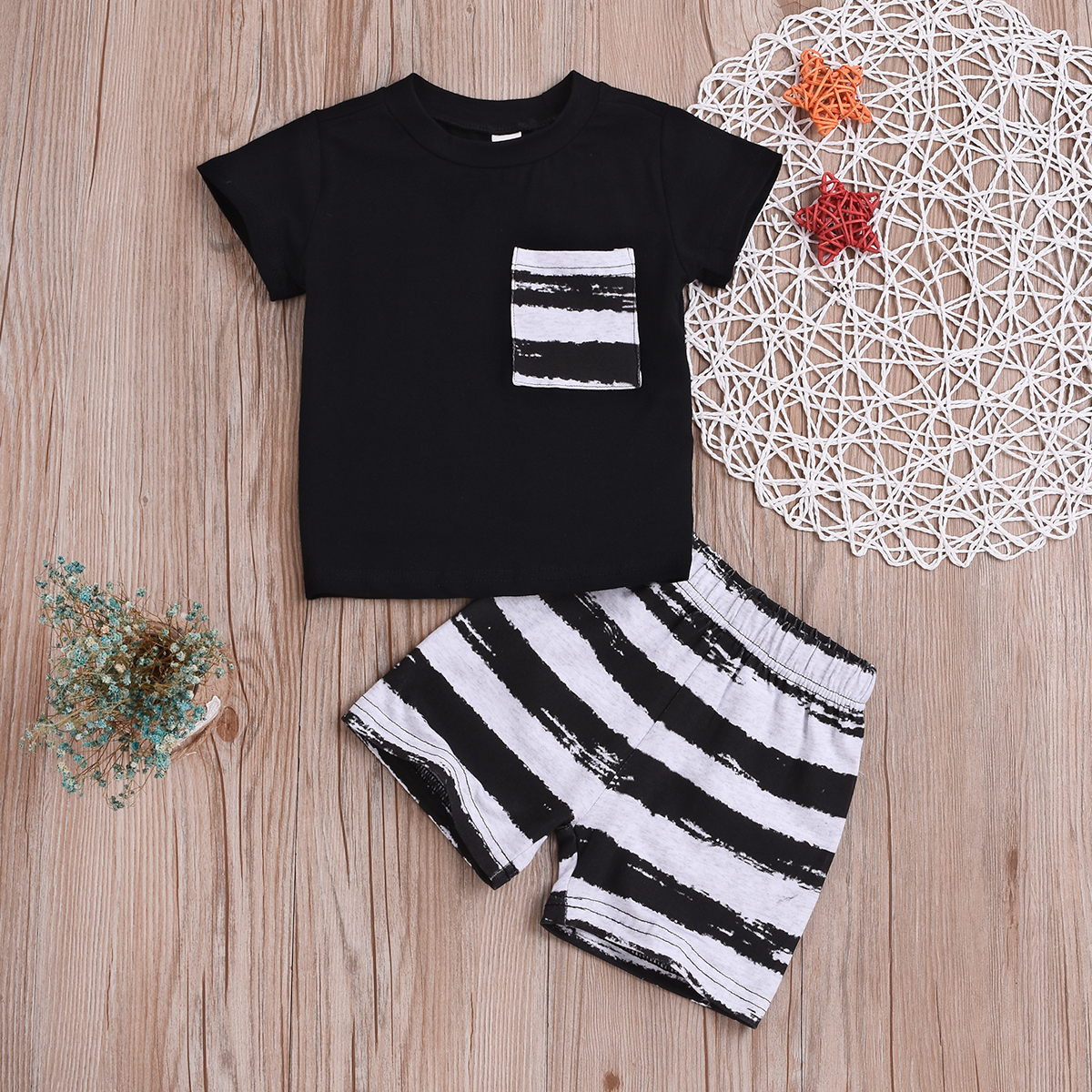 Baby Striped Chest Pocket and Shorts Set