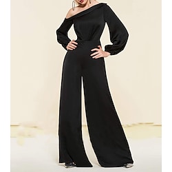 Jumpsuits Elegant Rompers Wedding Guest Formal Evening Dress One Shoulder Long Sleeve Floor Length Satin with Sleek Pure Color 2022 Lightinthebox