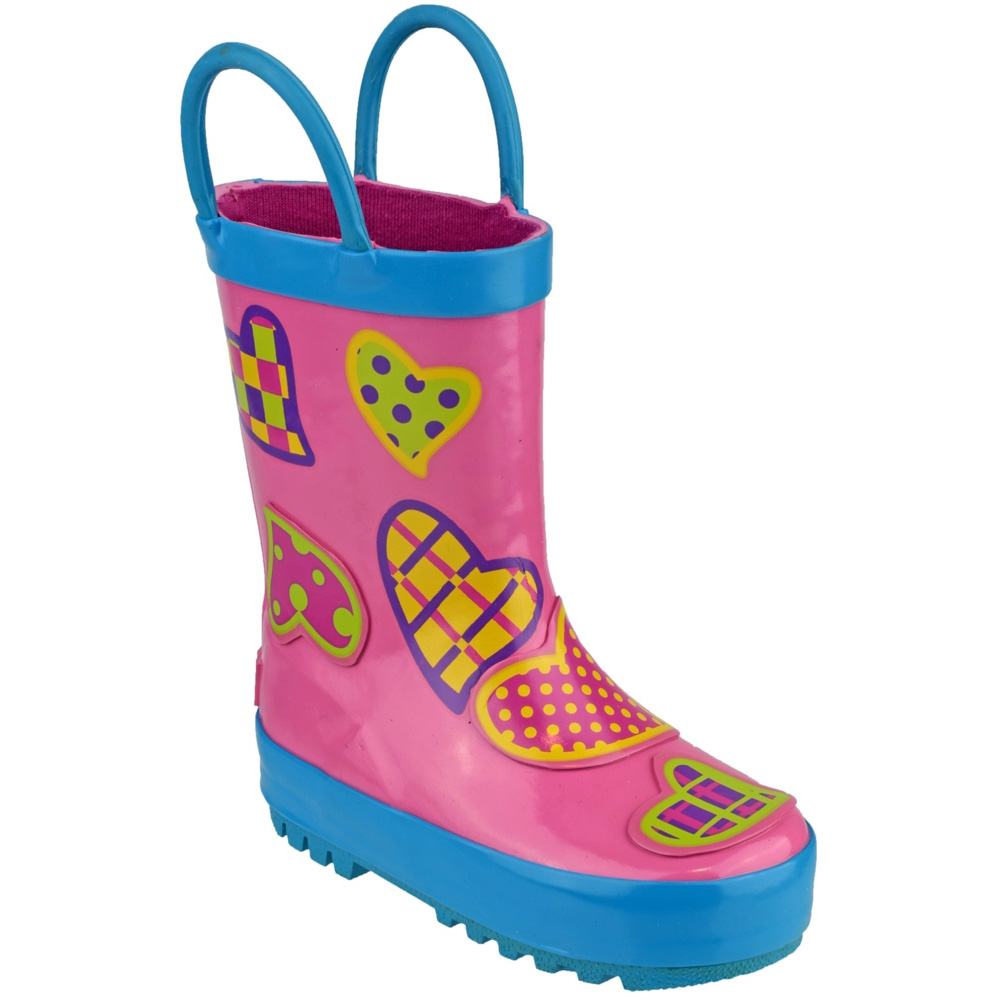 Cotswold Girls Puddle Patterned Rubber Welly Wellington Boot Pink