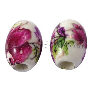 Handmade Porcelain Beads, Printed, Oval, MediumVioletRed, about 10.5mm long, 8mm wide, hole: 2mm