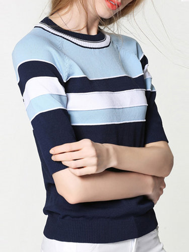 Blue Half Sleeve H-line Stripes Color Block Sweater