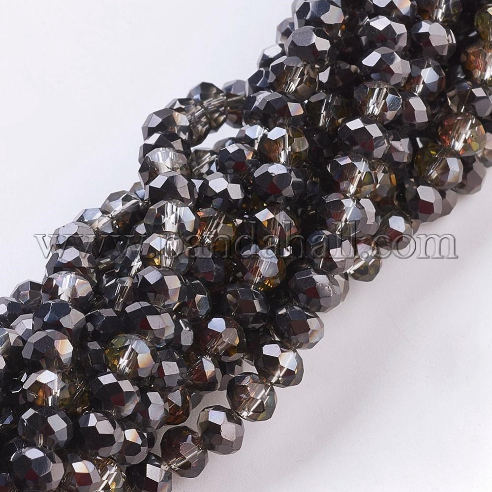 Electroplate Glass Faceted Rondelle Beads Strands, Half Plated, Black, 4x3mm, Hole: 1mm; about 140pcs/strand, 16.5