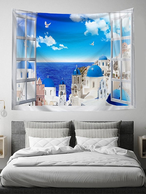 Window out Seaside Scenery Print Wall Art Tapestry