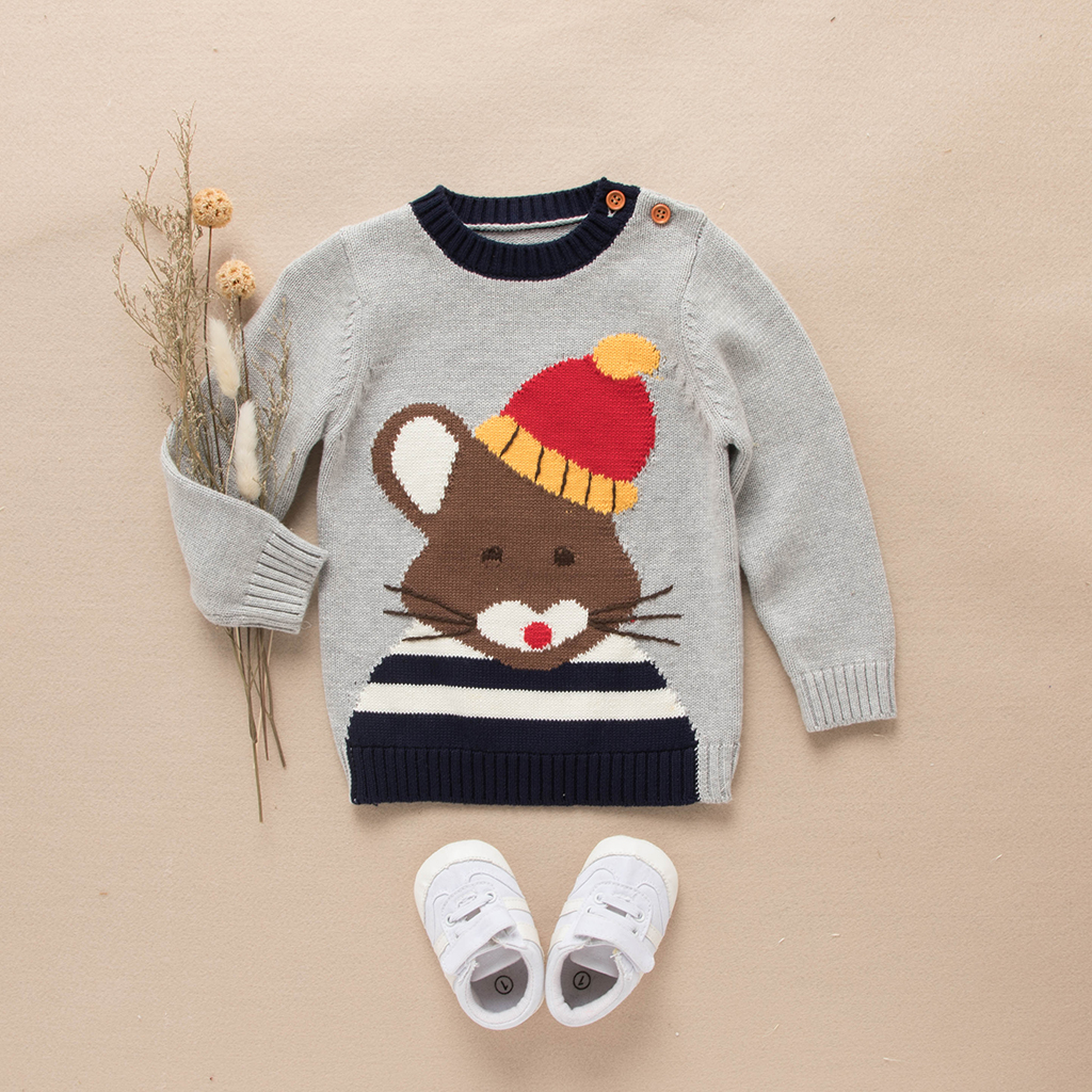 Baby / Toddler Cartoon Mouse Print Long-sleeve Knitted Sweater (No shoes)