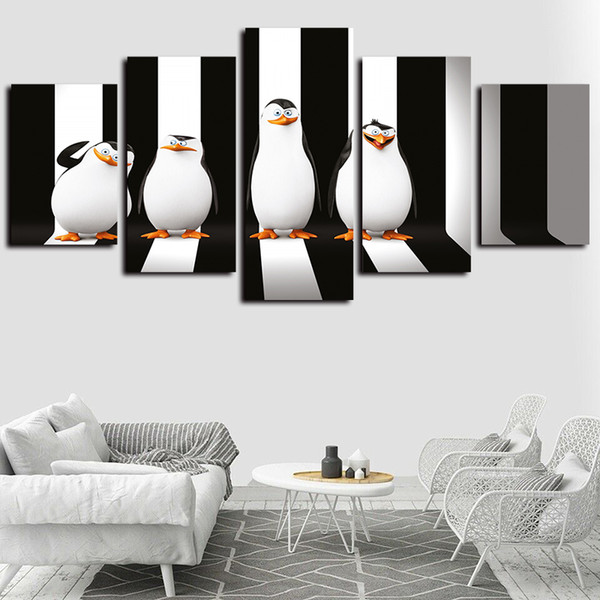 5 panels madagascar animal penguins artworks giclee canvas wall art for home decor abstract poster canvas print oil painting