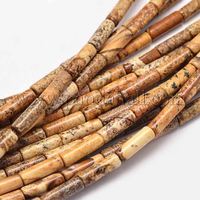 Natural Picture Jasper Column Beads Strands, 13~14x4~5mm, Hole: 1mm; about 29pcs/strand, 15.7