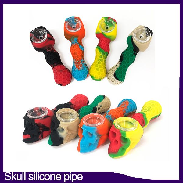 Skull Silicone Bubbler Hand Pipe with Glass Bowl Food Grade Silicone Smoking Pocket Pipe Multi Purpose Oil Burner Tobacco Hookah Pipe