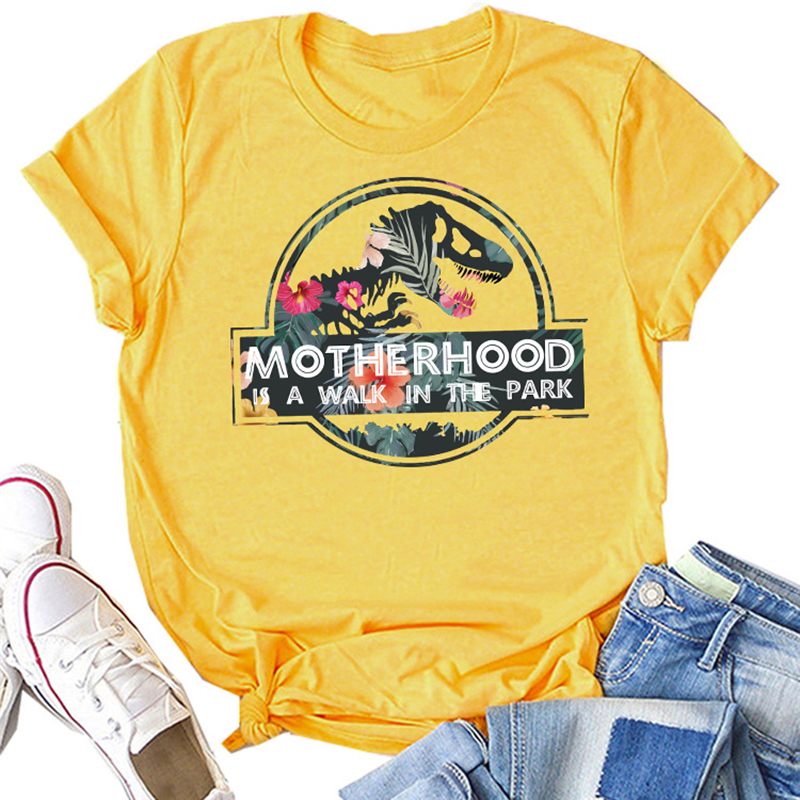Round collar dinosaur Floral print Short Sleeve casual T-shirt For women