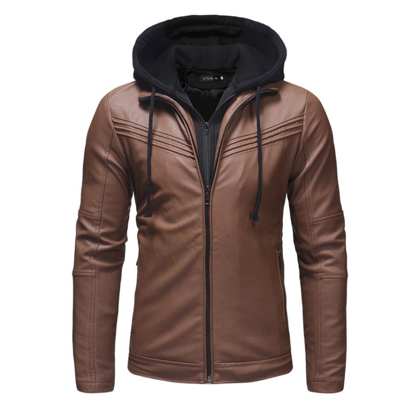 Men's Pleated Design Casual Slim Zip Hooded Leather Jacket Leather