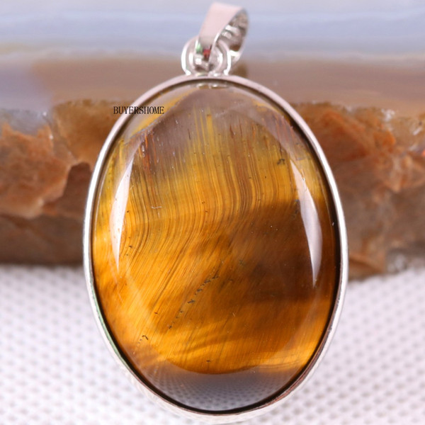 silver color oval natural stone bead gold tiger's eye women necklace pendant 1pcs k651