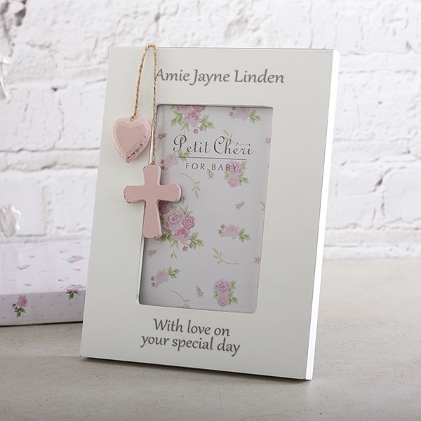 Personalised Girls White 6x4 Photo Frame With Pink Hanging Cross & Heart