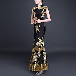 Mermaid / Trumpet Chinese Style Vintage Prom Formal Evening Dress High Neck Short Sleeve Ankle Length Charmeuse with Sequin Embroidery 2022 Lightinthebox