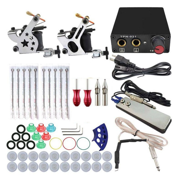 Complete Tattoo Gun Kits 2 Machines Guns 5 Colors Inks Sets 10 Pieces Needles Power Supply Tips Grips Tattoo Guns Kits for beginner 0614002