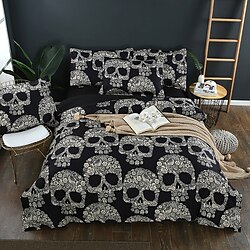 Juego de ropa de cama con diseño de calavera, juego de funda de edredón con diseño de calavera floral en blanco y negro, funda de edredón de tamaño queen de microfibra, juegos de ropa de cama de miniinthebox