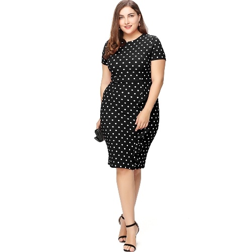 Women Plus Size Slim Polka Dot Print Ruffle Split Short Sleeves O-Neck Zipper Mini Bodycon Dress