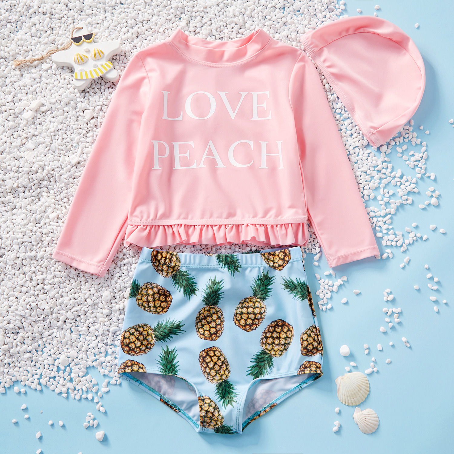 3-piece Baby / Toddler Girl LOVE PEACH Rashguard and Pineapple Bottom with Hat Swimsuit Set