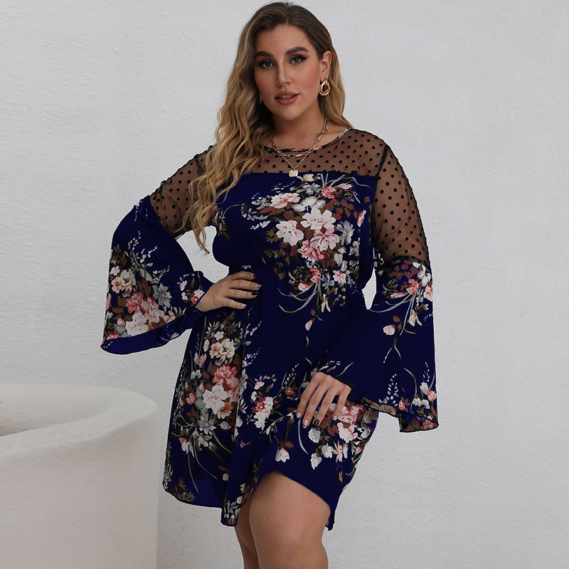 Women Plus Size Vacation Floral Print Polka dots Mesh Long-sleeve Dress