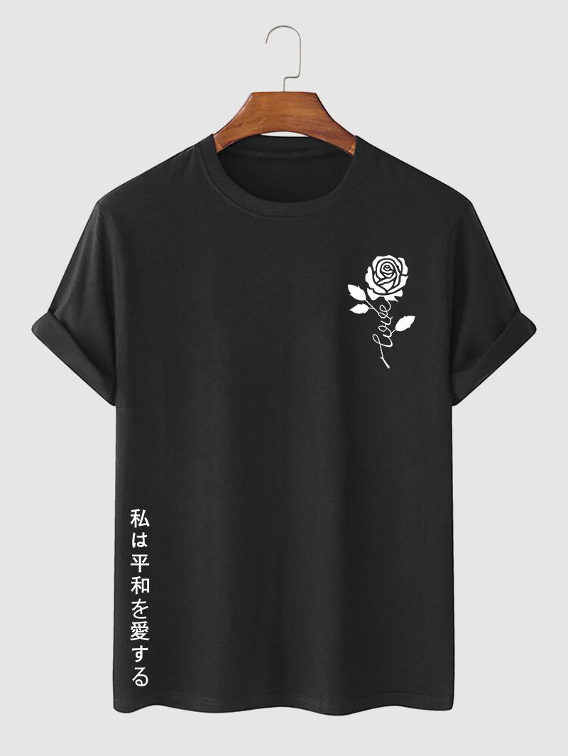 Graphic Rose Print Japanese Short Sleeves T Shirt Xl Black
