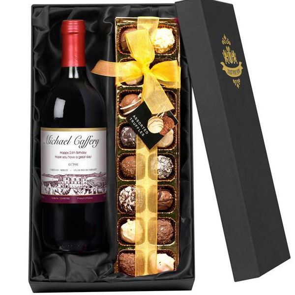 Personalised Red Wine With a box of chocolate truffles