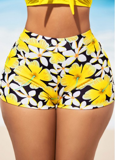 ROTITA Yellow Floral Print High Waisted Swim Shorts