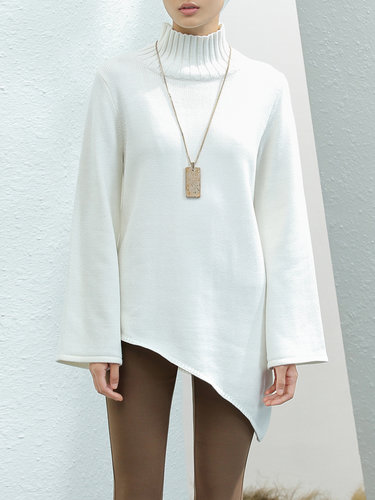 White Simple Cotton-blend Asymmetric Solid Sweater