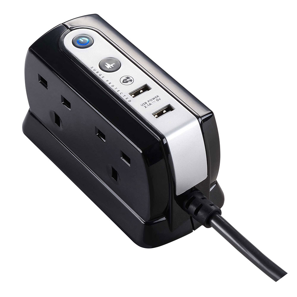 Masterplug 4 Way Compact Surge Protected Power Extension Sockets 2m Cable PLUS 2 USB 2.1A Ports