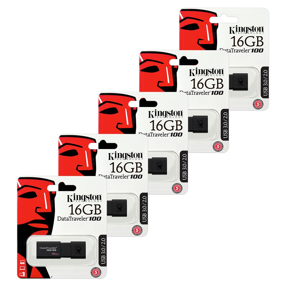 Kingston Data Traveler 100 G3 USB 3.0 Flash Drive Memory Stick - 16GB - Extra Value 5 Pack
