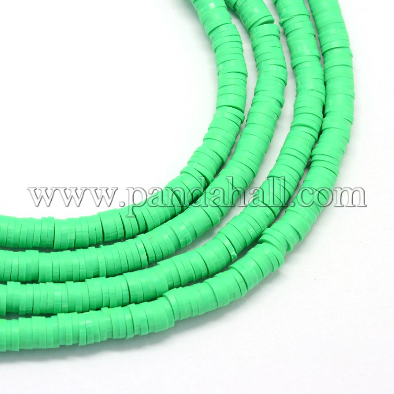Environmental Handmade Polymer Clay Beads, Disc/Flat Round, Heishi Beads, SpringGreen, 6x1mm, Hole: 2mm; about 380~400pcs/strand, 17.7