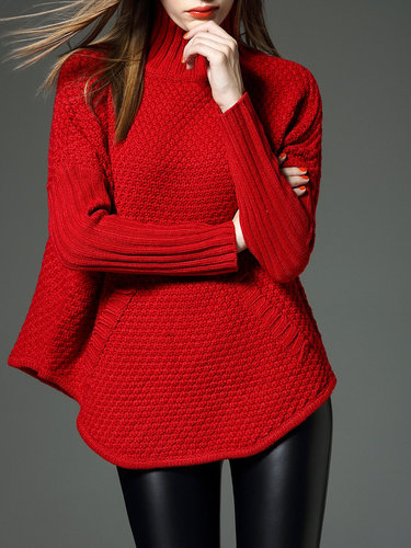 Red Turtleneck Plain Long Sleeve Sweater