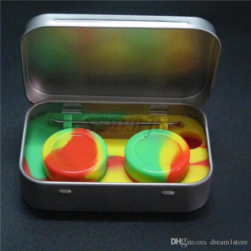 Silicone Kit Set With 1pcs Tin box 2pcs 5ml Silicone Dab Containers For Wax Dabs jars And Silver Dabber Tool