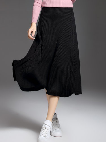Ribbed Knitted Casual Midi Skirt