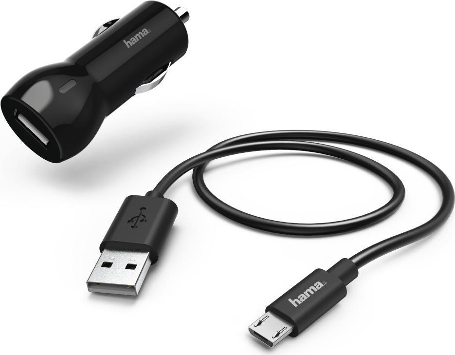 Hama Essential Line Vehicle Charging Set - Auto-Netzteil - 12 Watt - 2.4 A (USB) - auf Kabel: Micro-USB - Schwarz