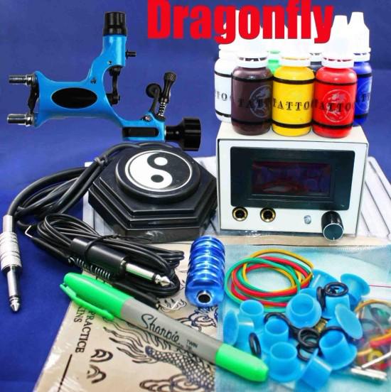 Blue Dragonfly Rotary Tattoo Gun Kits 50 Needles 8 Steel Tips LED Power Supply For Tattoo Artists
