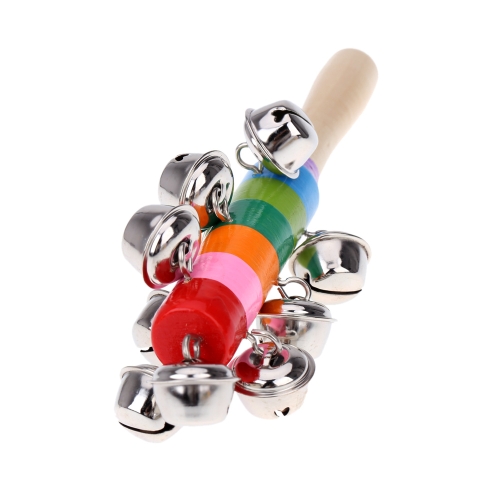 Mano Held Bell palito madera con 10 Jingles Metal arco iris colorido bola percusión Musical juguete para juego de niños fiesta KTV