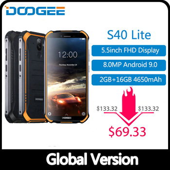 IP68 DOOGEE S40 Lite Rugged Phone Mobile Phone 5.5inch Display 4650mAh 8.0MP Fingerprint Quad Core 2GB 16GB Android 9.0
