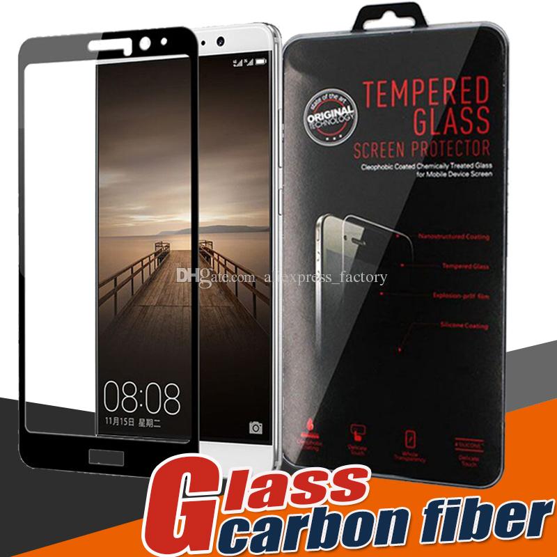 Glossy Carbon Fiber 3D Curved Tempered Glass Screen Protector Full Cover For Huawei P9 Plus Note 9 V9-Play Mate 10 V10 Y3 5 7-2017 Package