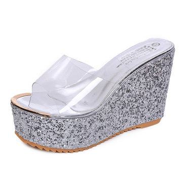 Silver Transparent Shiny Peep Toe Platform Slippers
