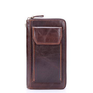 Genuine Leather 12 Card Holders Phone Pocket Zipper Stitching Clutch Bag For Men